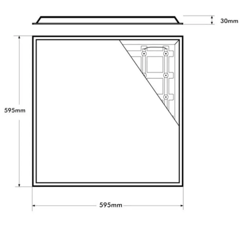 Plano técnico con cotas 595x595x30 mm del panel LED 60x60 Slim Frame