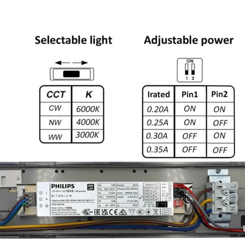 Selectable 12 15 18 20W power and 3CCT chart COREPLUS EVO LED batten