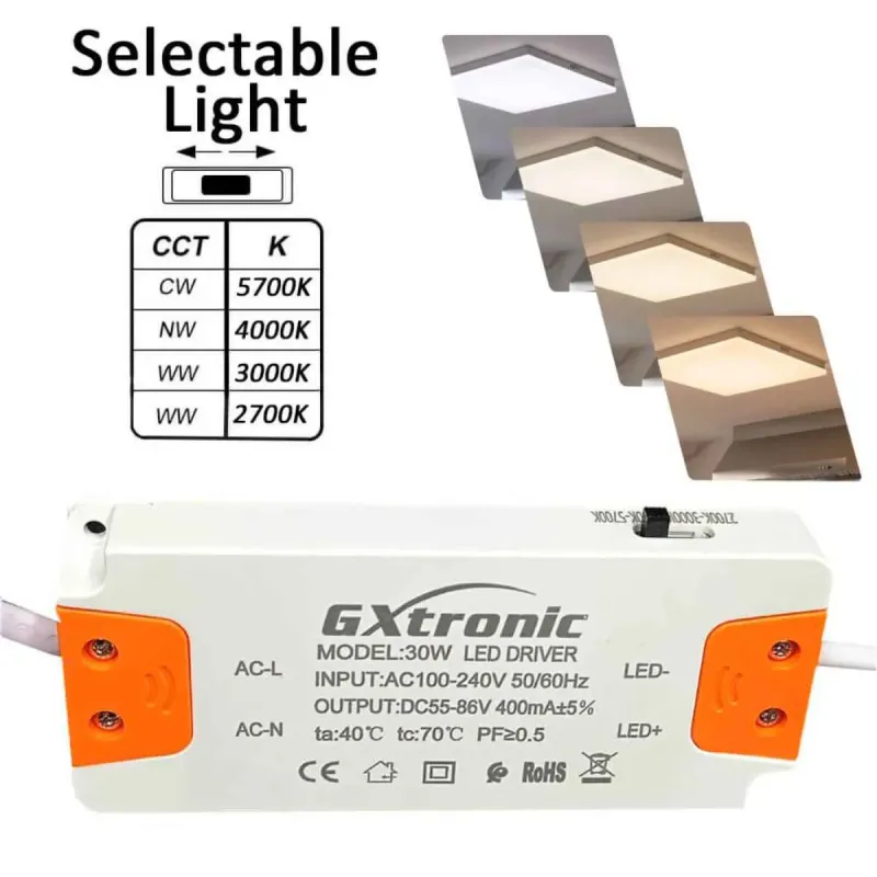 Sélecteur 4CCT et driver GXtronic inclus avec le plafonnier LED carré 24W en saillie