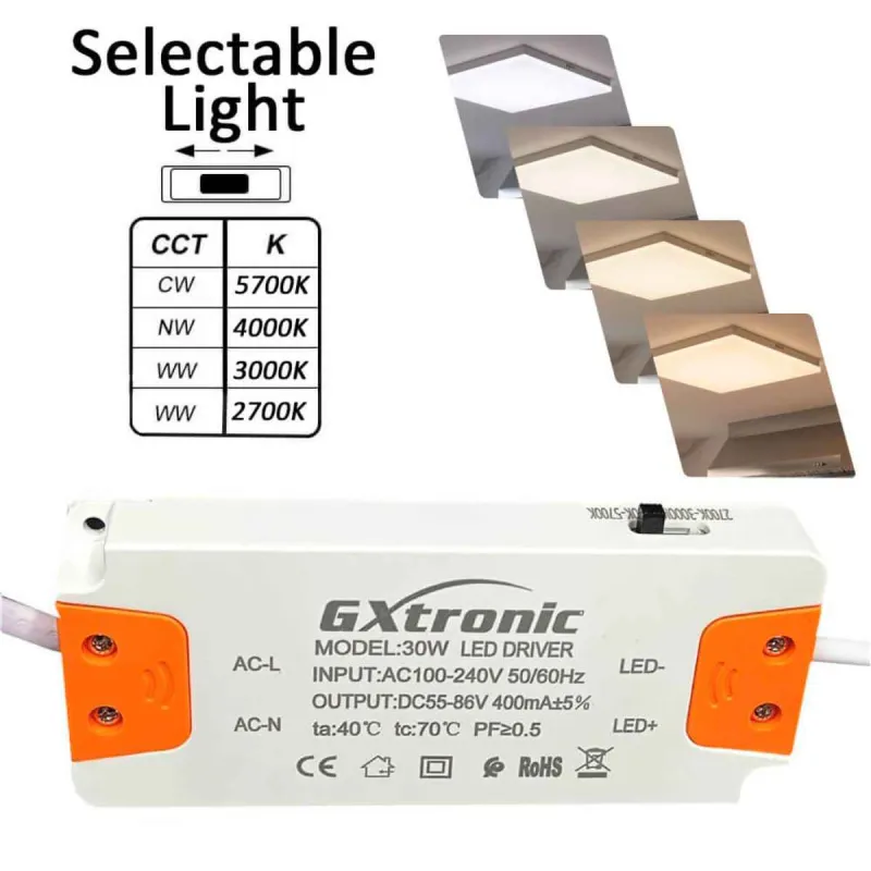 Seletor 4CCT e driver GXtronic incluídos no plafon LED quadrado 24W de superfície