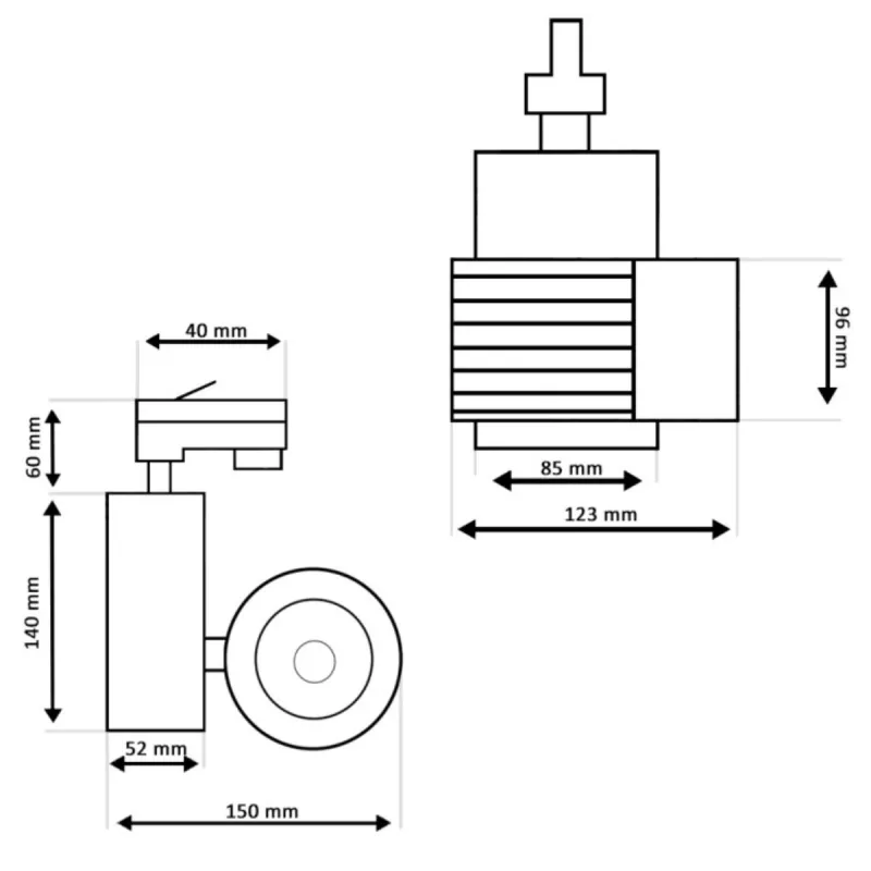 Schéma technique avec dimensions du spot LED rail UPPSALA 40W pour étude de projet