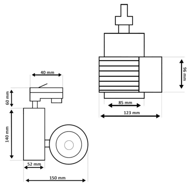 Technical dimension drawing of UPPSALA 40W track LED spotlight for project planning