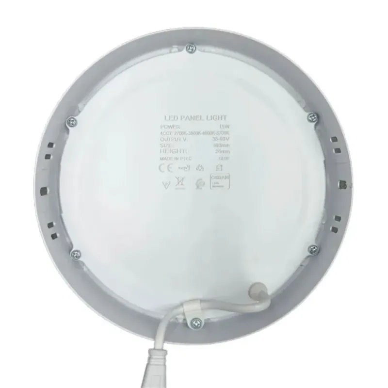 Rear view of 15W round LED panel with mounting springs for quick ceiling installation