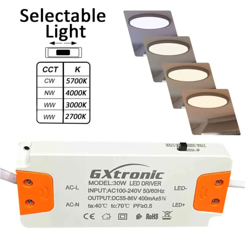 4CCT selector switch and GXtronic driver included with the 15W round surface LED panel