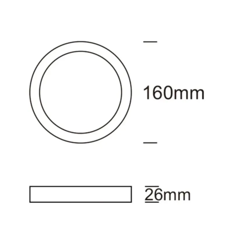 Dimensiones del plafón LED circular 15W: 160 mm de diámetro y 26 mm de profundidad