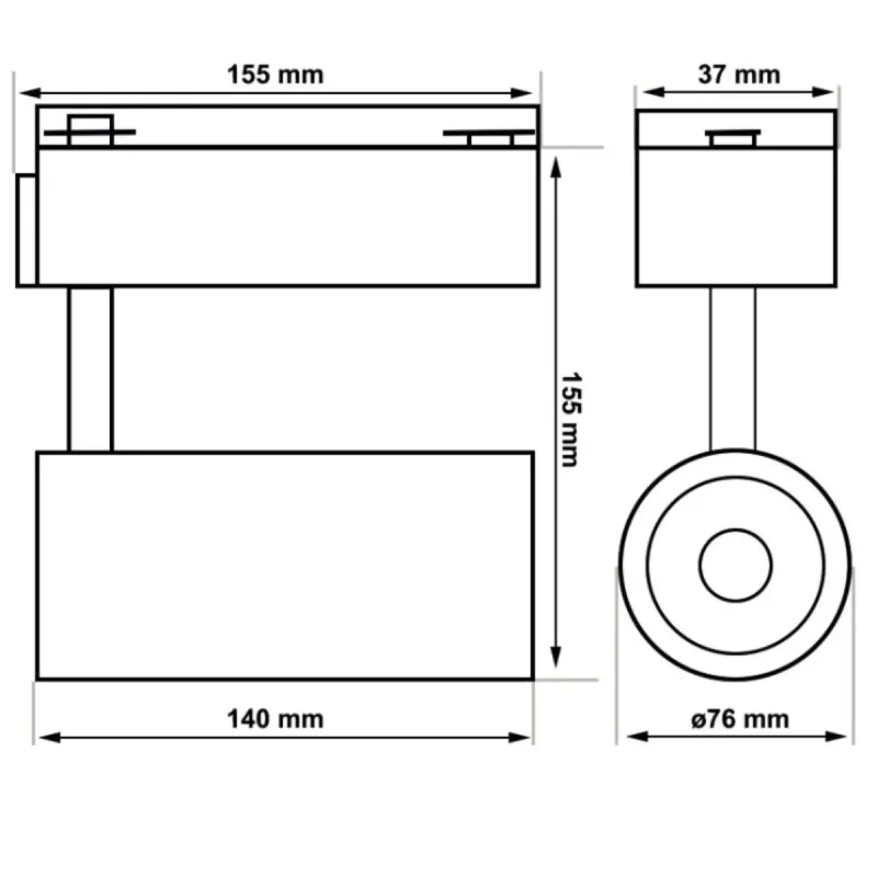 Desenho técnico foco LED carril PARIS 30W branco medidas e dimensões