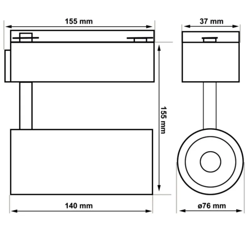 Desenho técnico foco LED carril PARIS 30W branco medidas e dimensões