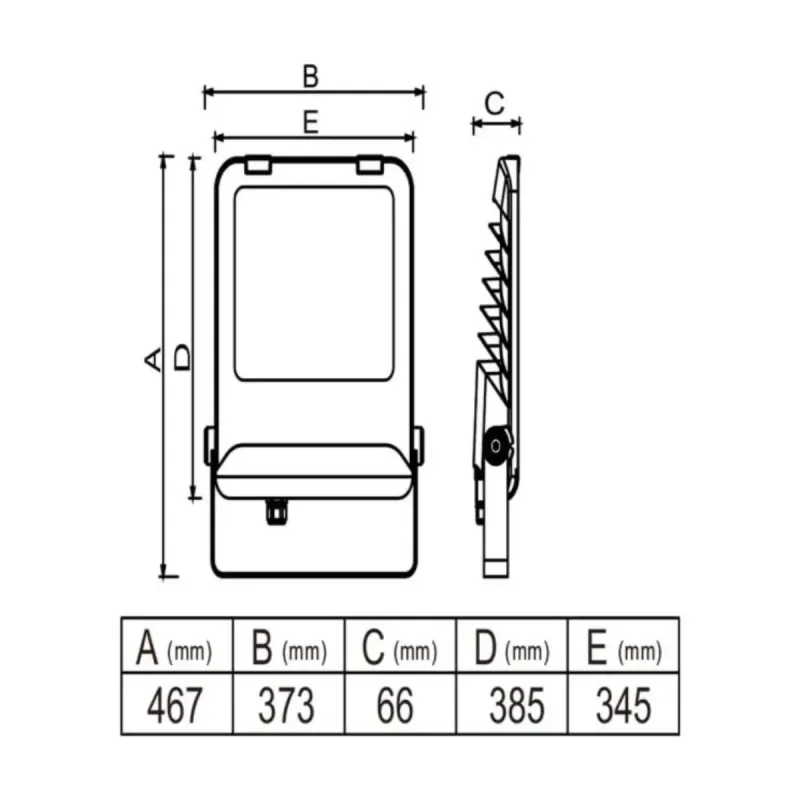 Technical drawing MAXLITE 200W LED floodlight measurements dimensions millimetres