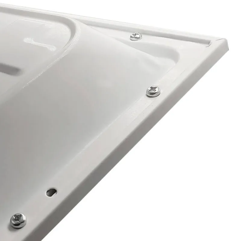 Detalhe canto traseiro painel LED 60x60 moldura aço parafusos fixação