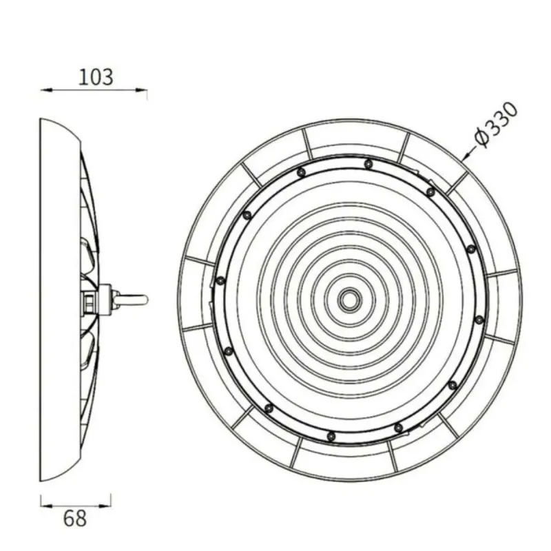 Esquema técnico campana UFO Ø330mm altura 103mm cotas dimensiones