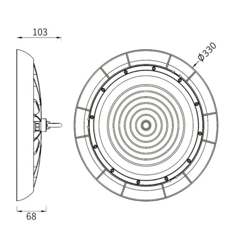 Technical drawing UFO high bay Ø330mm height 103mm dimensions