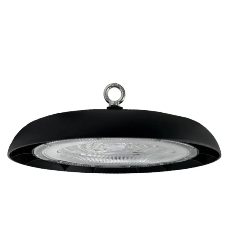 Vista lateral campânula UFO 150W lente difusora e olhal de suspensão