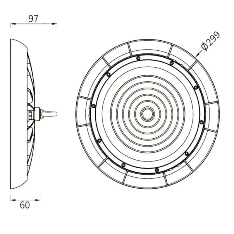 Esquema técnico campana UFO 150W Ø330mm altura 103mm dimensiones