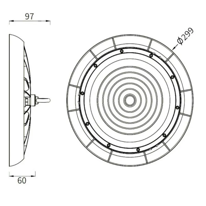 Esquema técnico campânula UFO 150W Ø330mm altura 103mm dimensões