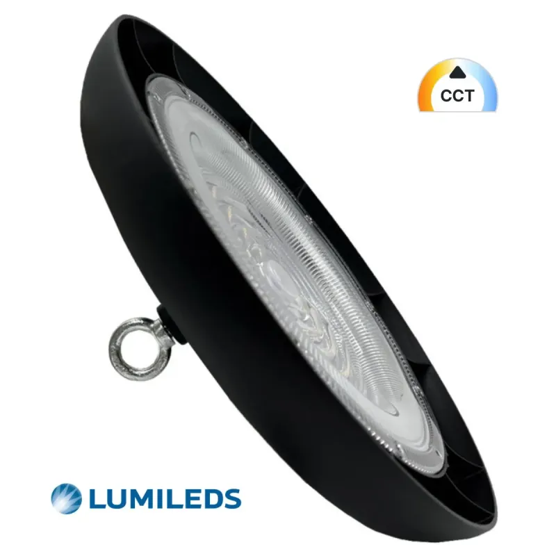 Campânula UFO 100W perspetiva com selo CCT e chip Lumileds detalhe