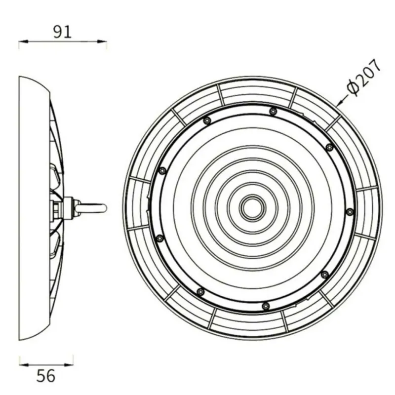 Esquema técnico campânula UFO 100W Ø330mm altura 103mm dimensões