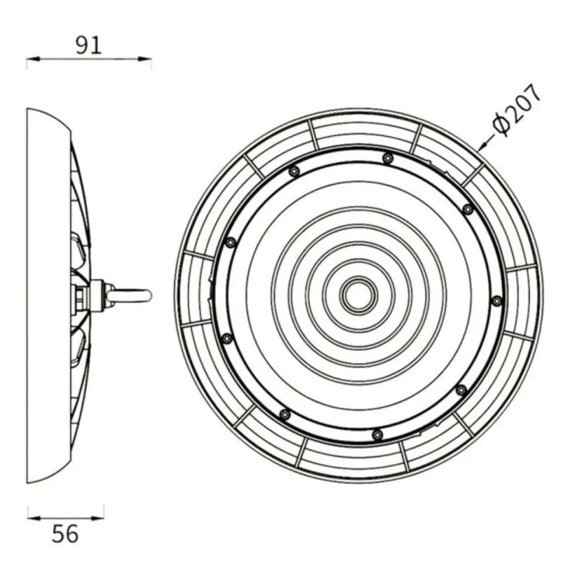 Esquema técnico campânula UFO 100W Ø330mm altura 103mm dimensões