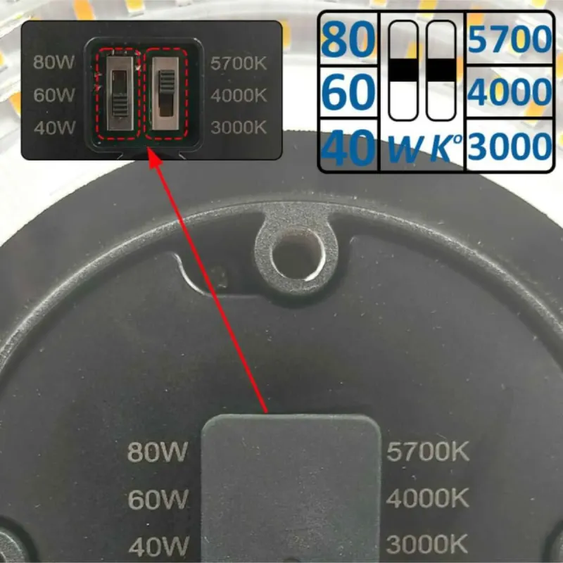 Selectores potencia 40W 60W 80W y CCT 3000K 4000K 5700K farola