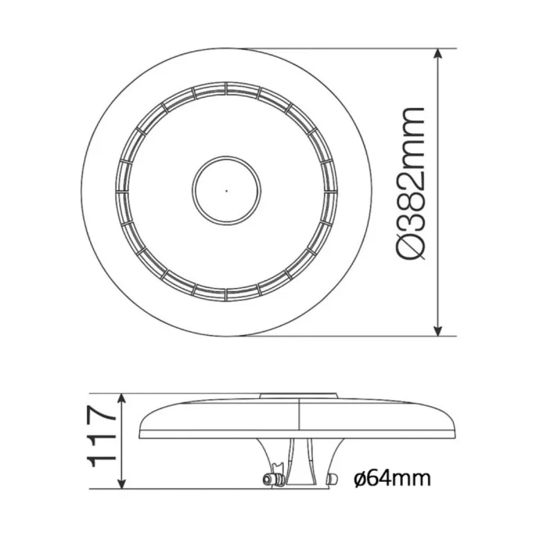 Esquema técnico luminária PARK CITY Ø382mm altura 117mm adaptador Ø64mm