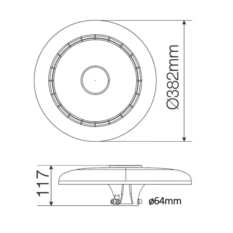 Esquema técnico luminária PARK CITY Ø382mm altura 117mm adaptador Ø64mm