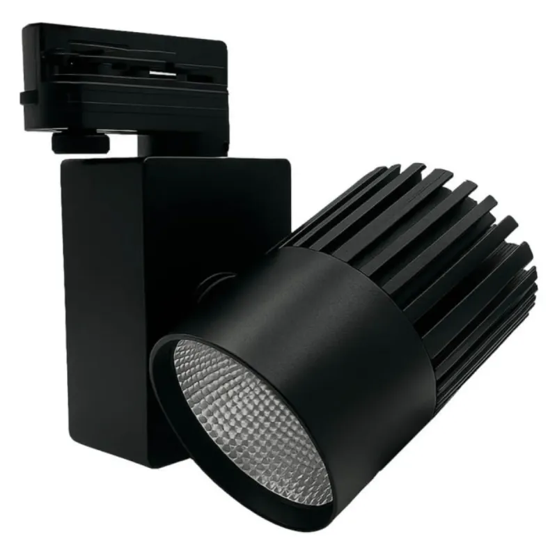 GRAZ 40W black track spotlight tilted showing adjustable head and aluminium heatsink