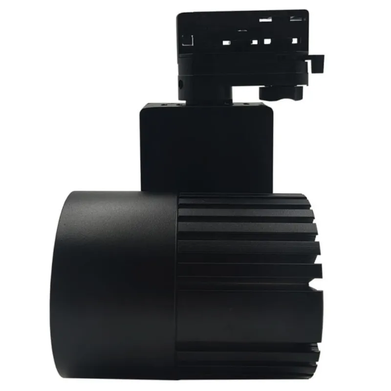Side view GRAZ 40W black track spotlight finned heatsink and 3-phase adapter