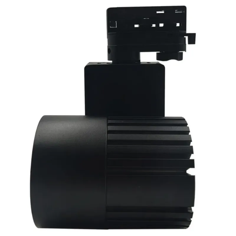 Vue latérale spot rail GRAZ 40W noir avec ailettes et adaptateur triphasé