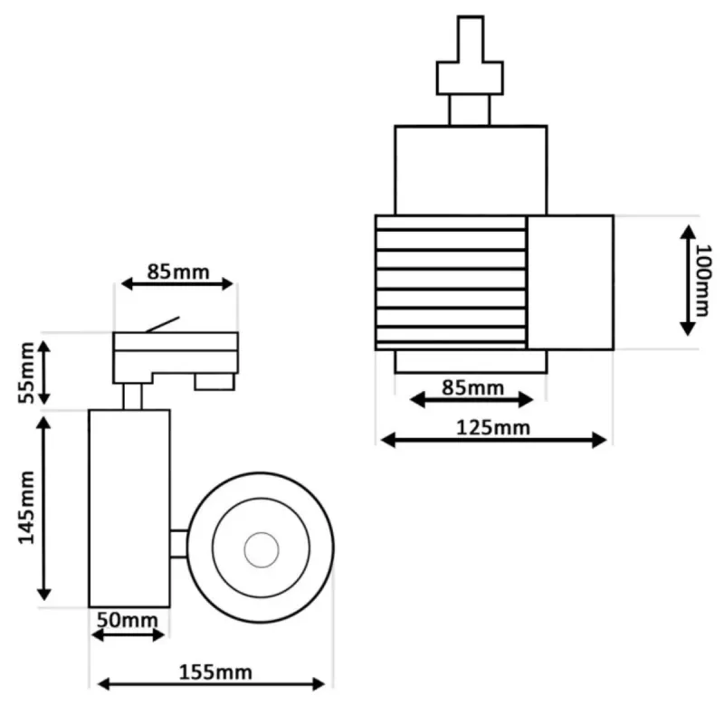 Technical drawing GRAZ 40W track spotlight dimensions 155x145x100 mm 50 mm dia