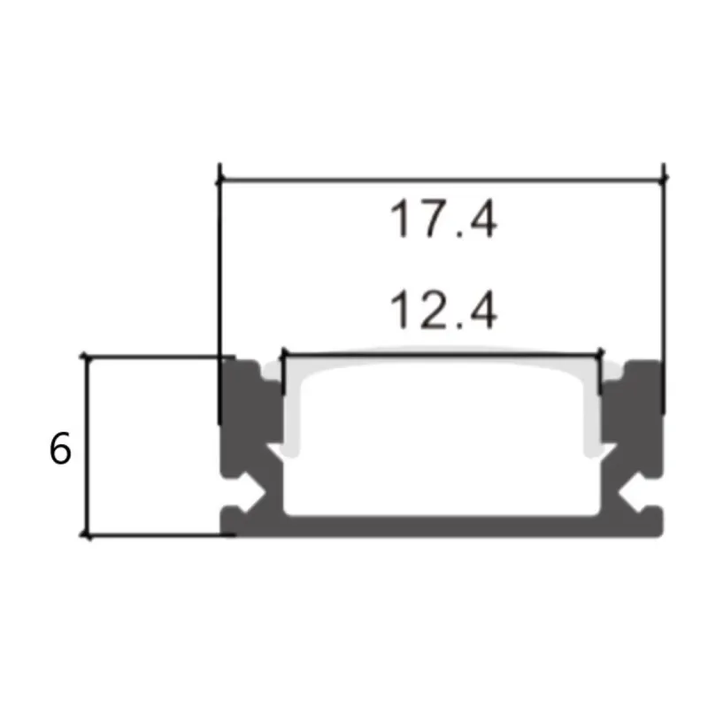 Esquema medidas perfil aluminio superficie en U 17,4x6 mm para tira LED