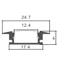 Esquema medidas perfil aluminio empotrar ALAS 24,7x6 mm hueco 17,4 mm