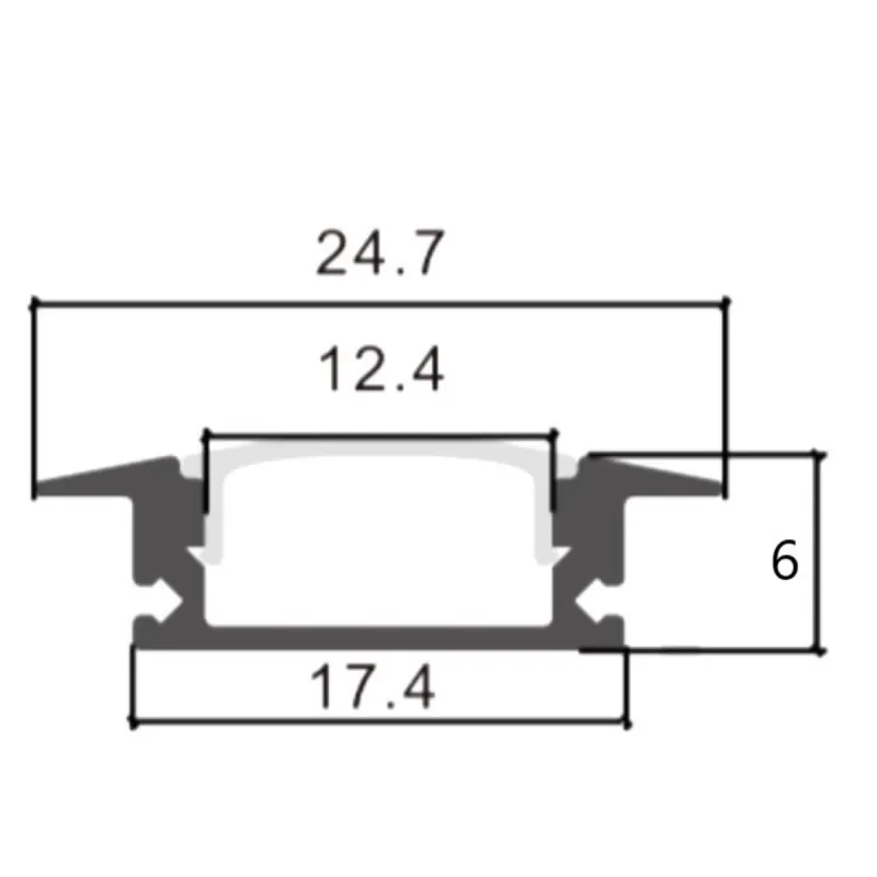 Schéma cotes profilé aluminium encastré ALAS 24,7x6 mm rainure 17,4 mm