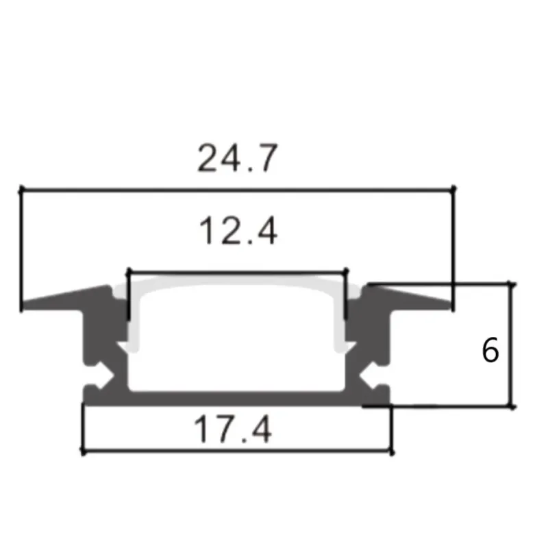 Schéma cotes profilé aluminium encastré ALAS 24,7x6 mm rainure 17,4 mm