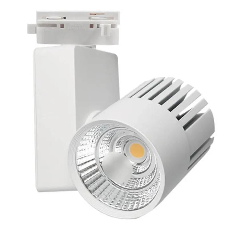 GRAZ 40W white track spotlight tilted showing COB and chrome inner reflector