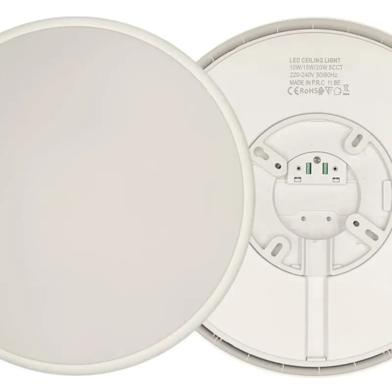Plafón LED vista frontal difusor y reverso con base bornes y etiqueta 5CCT