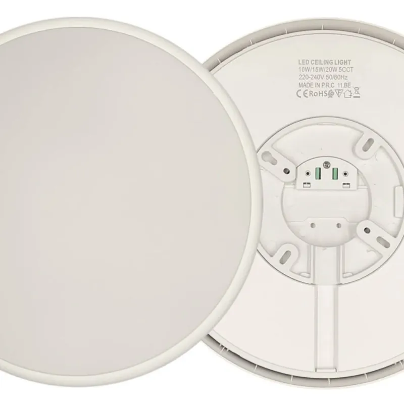 Plafoniera LED vista frontale diffusore e retro base con morsetti etichetta 5CCT
