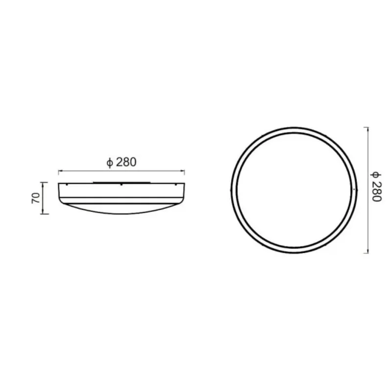 Plano técnico plafón LED redondo superficie diámetro 280 mm altura 70 mm