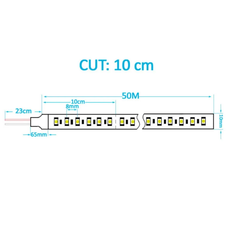 220V LED strip diagram 50 m cut every 10 cm 10 mm wide 23 cm input cable