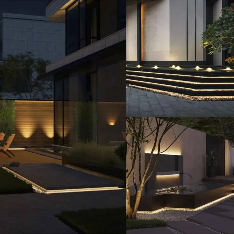 Tira LED 220V IP65 instalada en exterior jardín escaleras y fachadas nocturnas