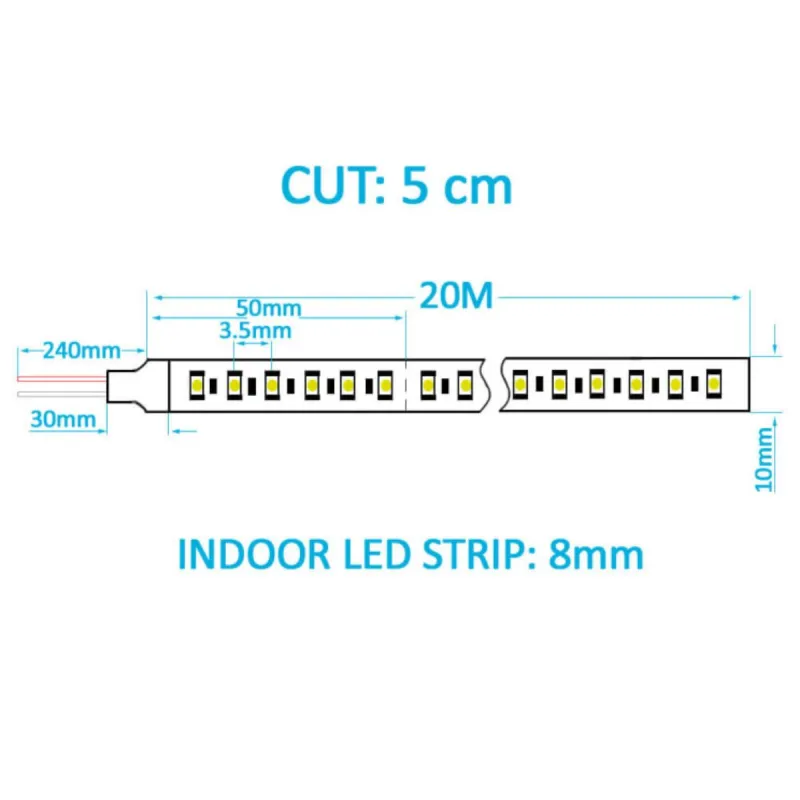 220V LED strip technical diagram 20 m cut 5 cm 10 mm wide LED pitch 3.5 mm