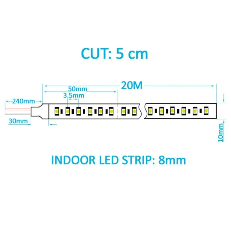 Schema tecnico striscia LED 220V 20 m taglio 5 cm larghezza 10 mm passo LED 3,5 mm