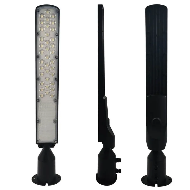 Candeeiro LED 50W em suporte poste com tripla vista frente lateral trás