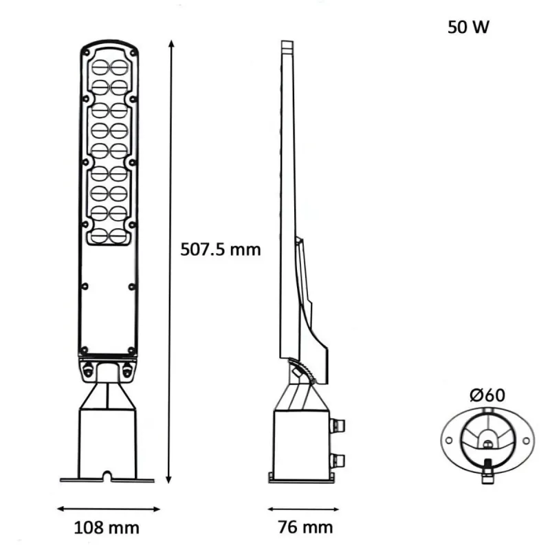 Esquema medidas candeeiro LED 50W AREA FLEX 507,5x108x76 mm fixação Ø60