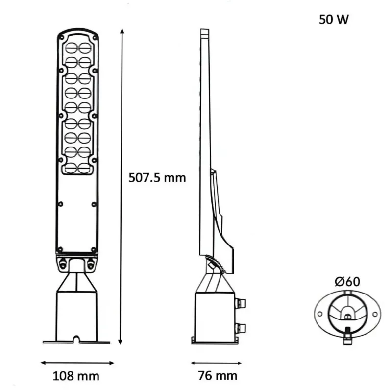 Dimensions diagram LED street light 50W AREA FLEX 507.5x108x76 mm Ø60 fitting