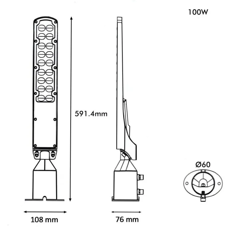 Dimensions diagram LED street light 100W AREA FLEX 591.4x108x76 mm Ø60 fitting
