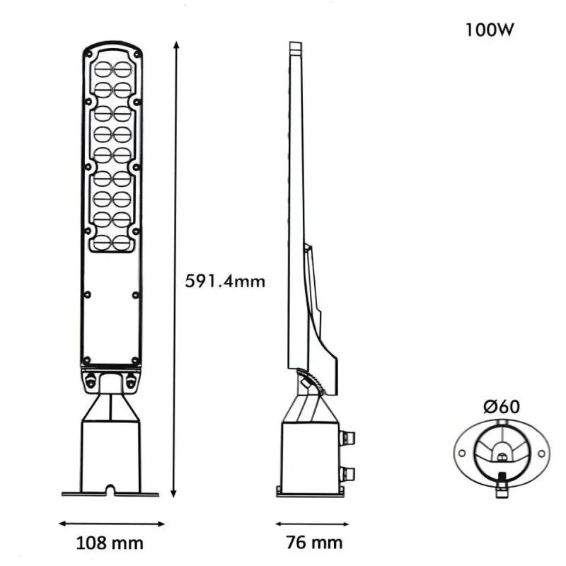 Esquema medidas candeeiro LED 100W AREA FLEX 591,4x108x76 mm fixação Ø60