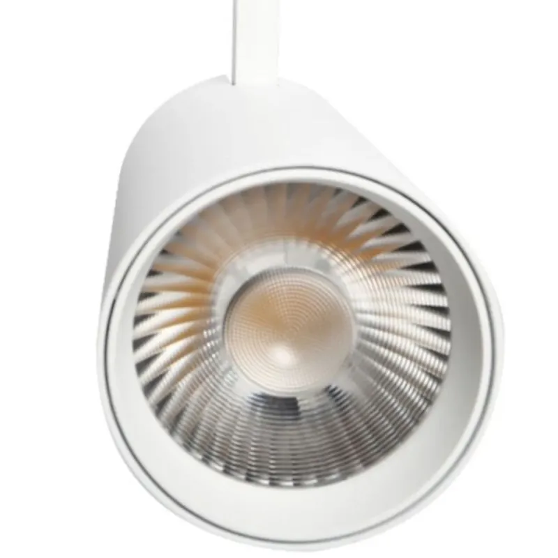 Foco LED carril trifásico cabezal orientable lente COB iluminación profesional