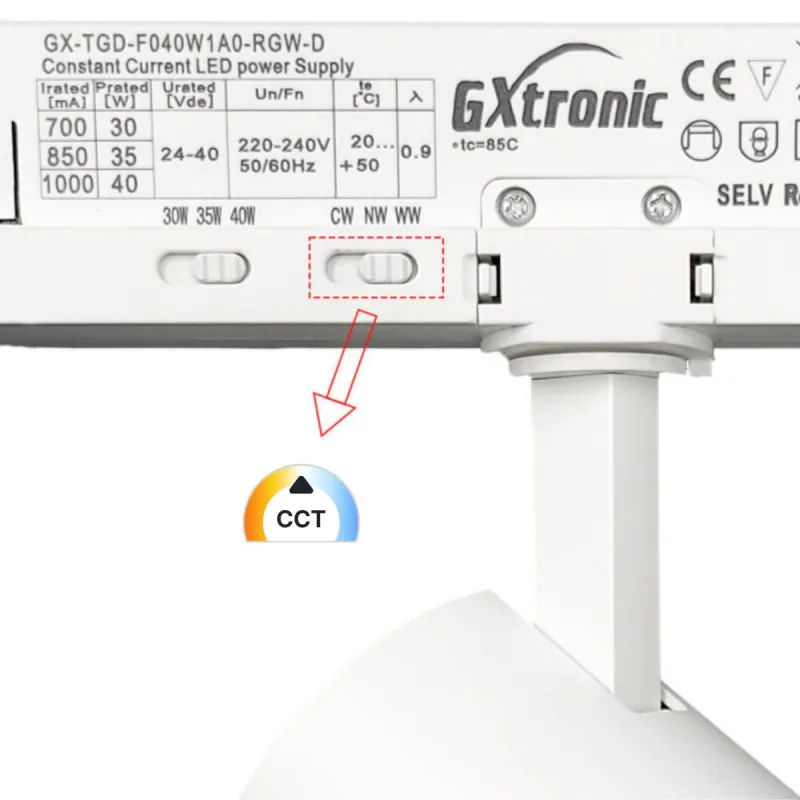 Foco LED carril driver GXtronic Bridgelux CCT regulable CRI92 alto rendimiento