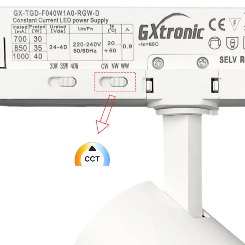 Spot LED rail driver GXtronic Bridgelux CCT commutable CRI92 haut rendement