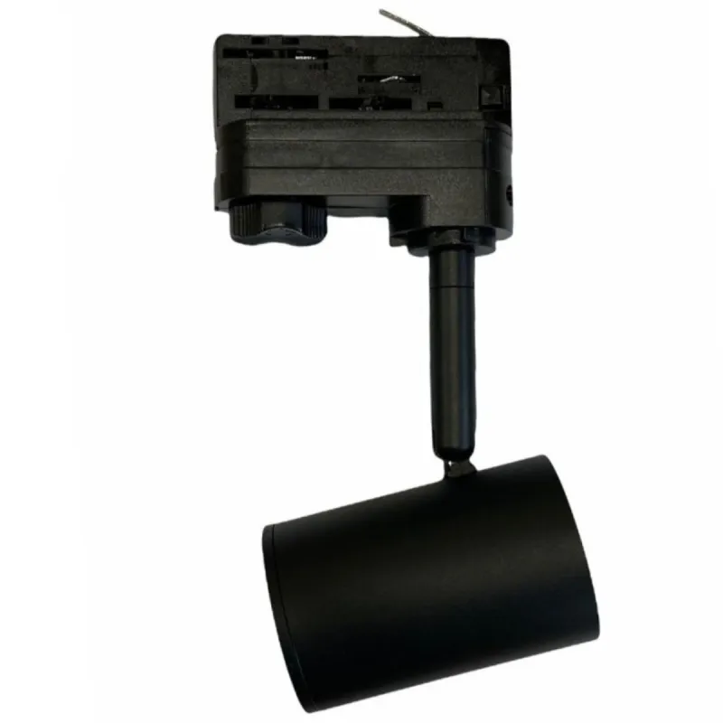 Foco carril trifásico negro GU10 perspectiva lateral cuerpo aluminio acabado mate sistema orientable