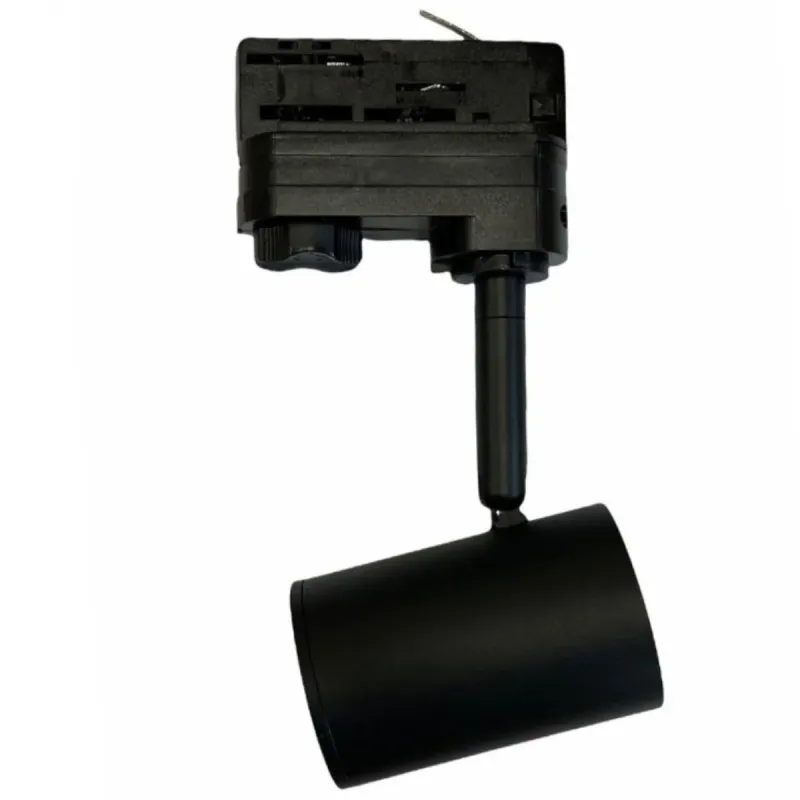 Spot rail triphasé noir GU10 perspective latérale corps aluminium finition mate système orientable